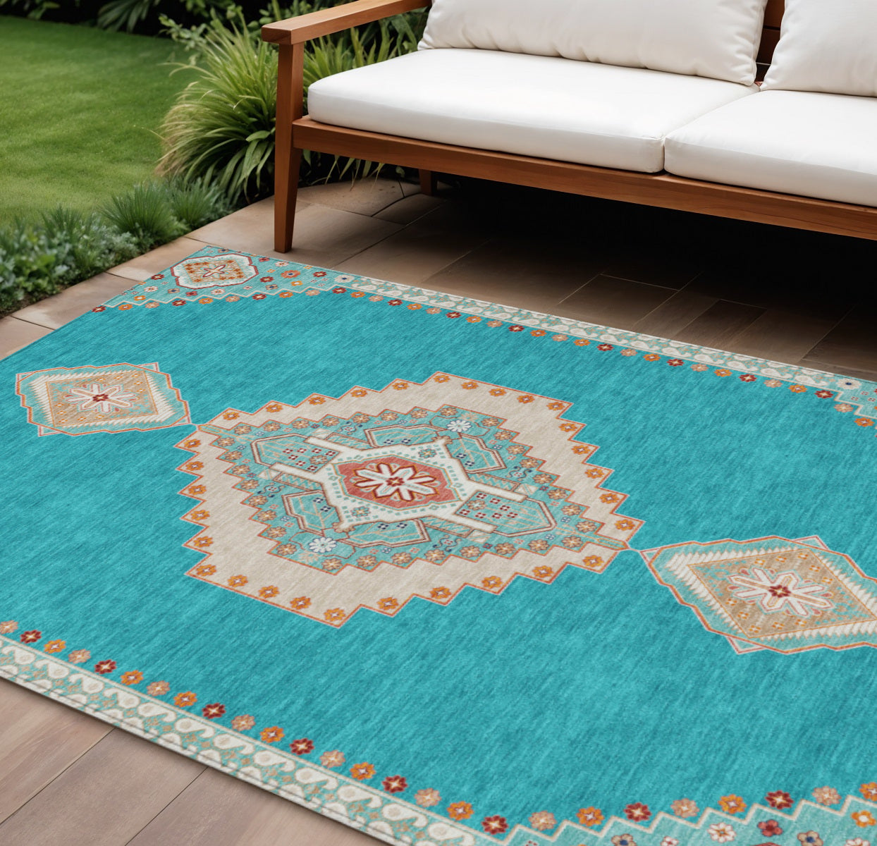 9' X 12' Teal Blue Brown And Ivory Oriental Washable Indoor Outdoor Area Rug