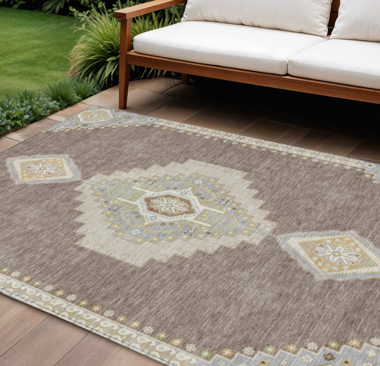 9' X 12' Taupe Gray And Ivory Oriental Washable Indoor Outdoor Area Rug
