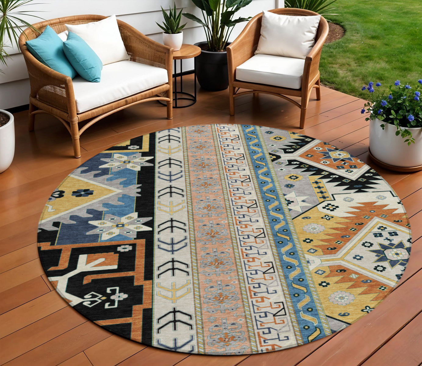 8' Black Ivory And Copper Round Aztec Washable Indoor Outdoor Area Rug