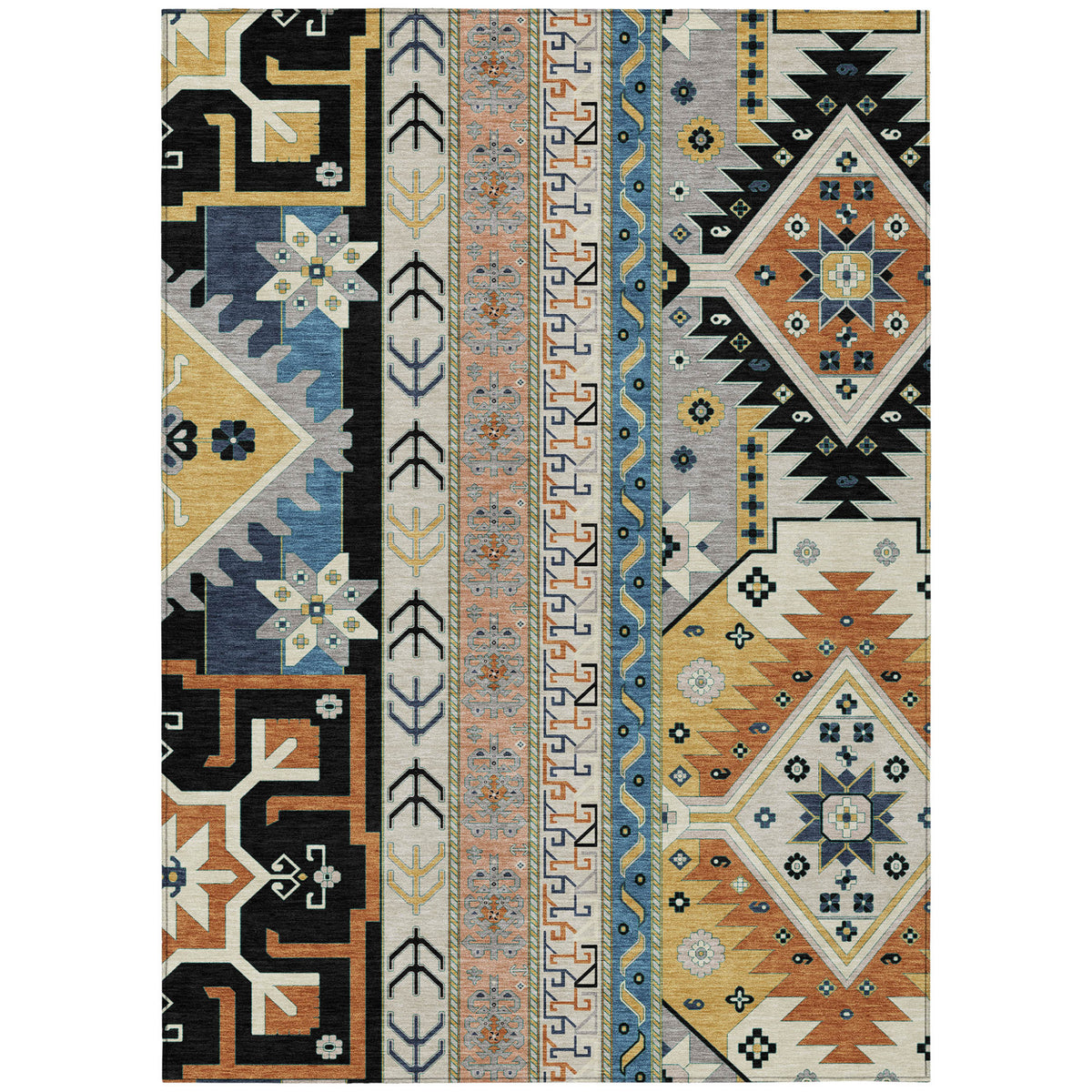 9' X 12' Black Ivory And Copper Aztec Washable Indoor Outdoor Area Rug