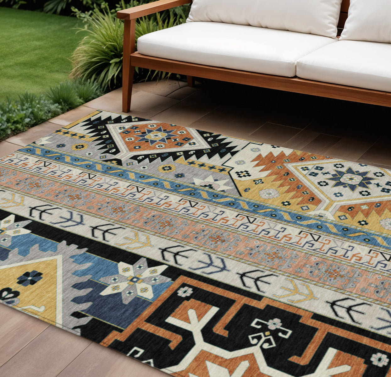 10' X 14' Black Ivory And Copper Aztec Washable Indoor Outdoor Area Rug