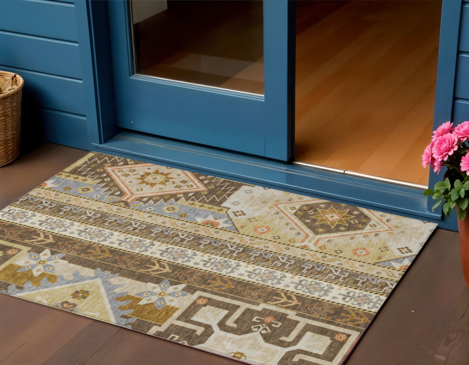 3' X 5' Brown Beige And Ivory Aztec Washable Indoor Outdoor Area Rug