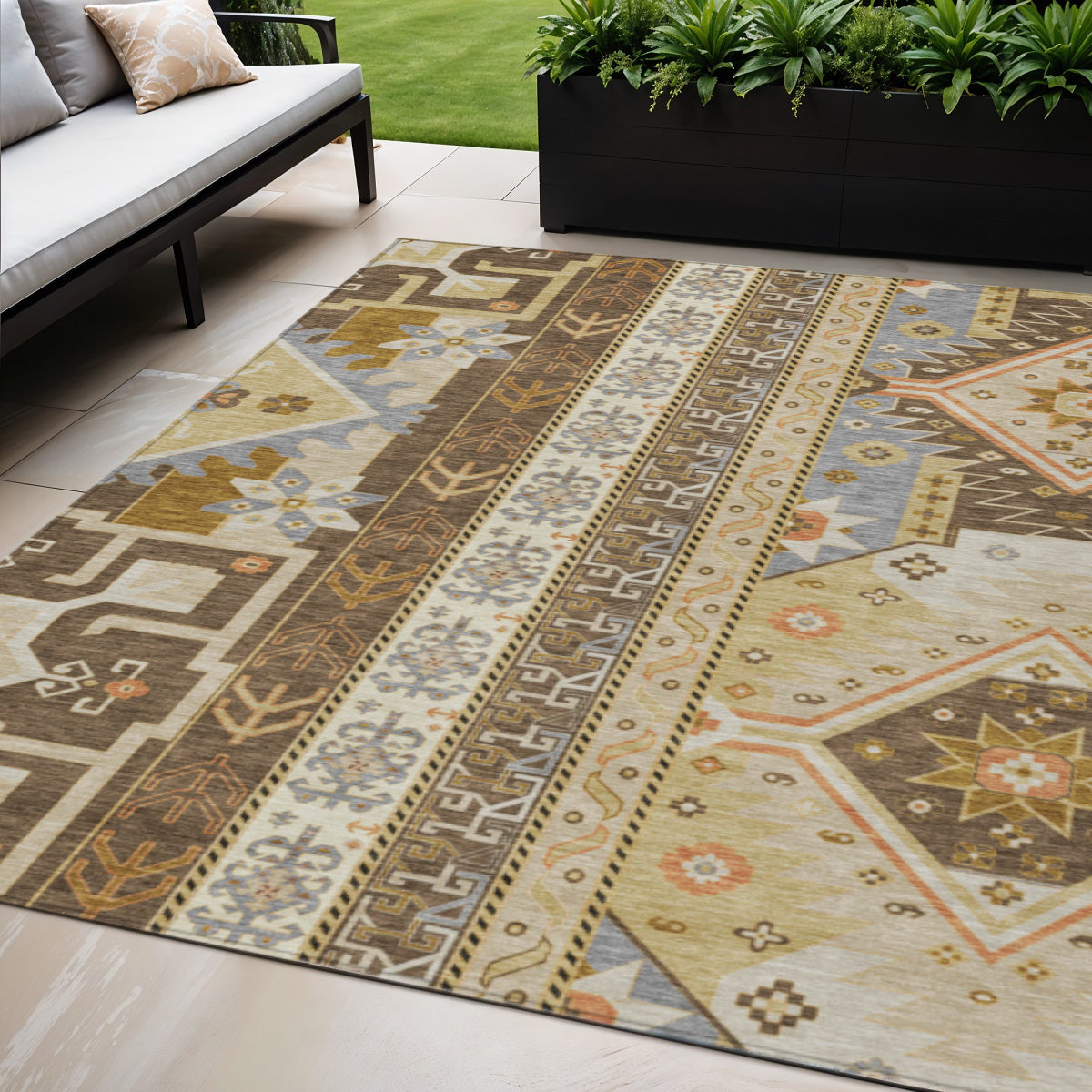5' X 8' Brown Beige And Ivory Aztec Washable Indoor Outdoor Area Rug