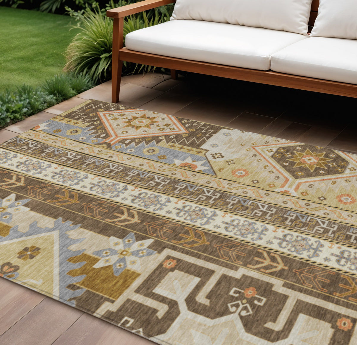 10' X 14' Brown Beige And Ivory Aztec Washable Indoor Outdoor Area Rug
