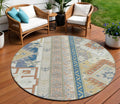 8' Ivory Blue And Brown Round Aztec Washable Indoor Outdoor Area Rug