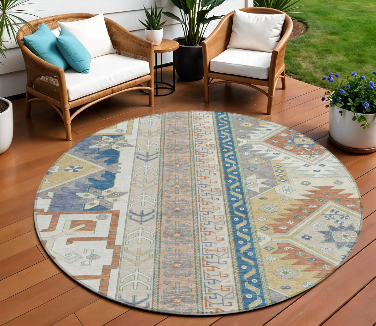 8' Ivory Blue And Brown Round Aztec Washable Indoor Outdoor Area Rug