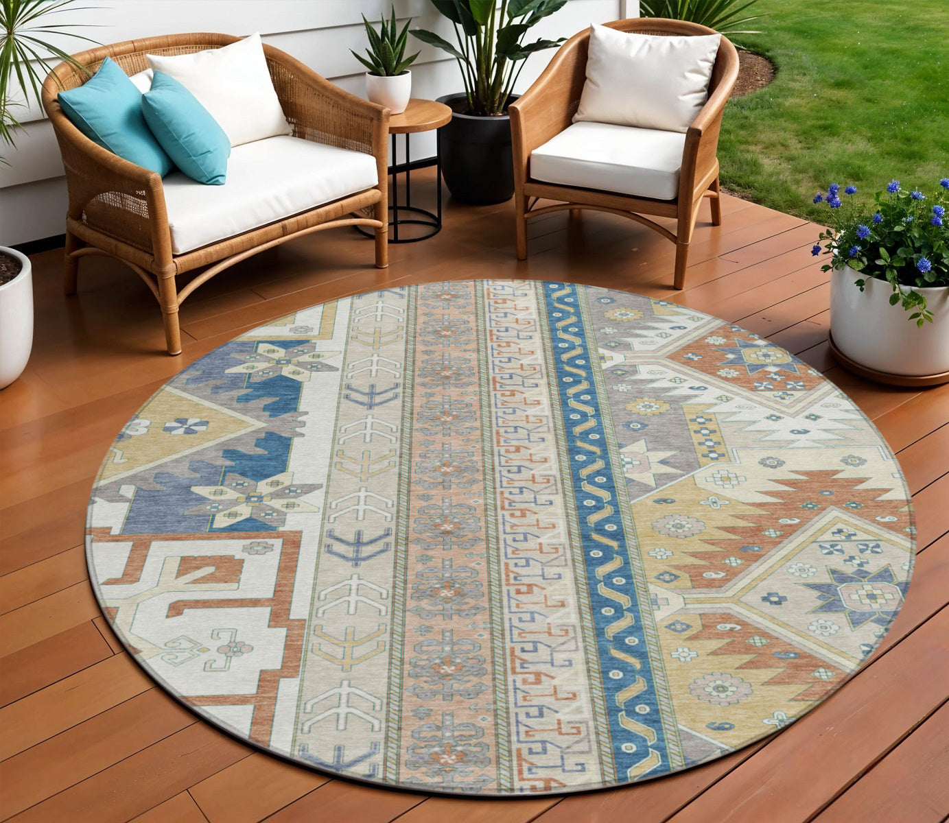 8' Ivory Blue And Brown Round Aztec Washable Indoor Outdoor Area Rug