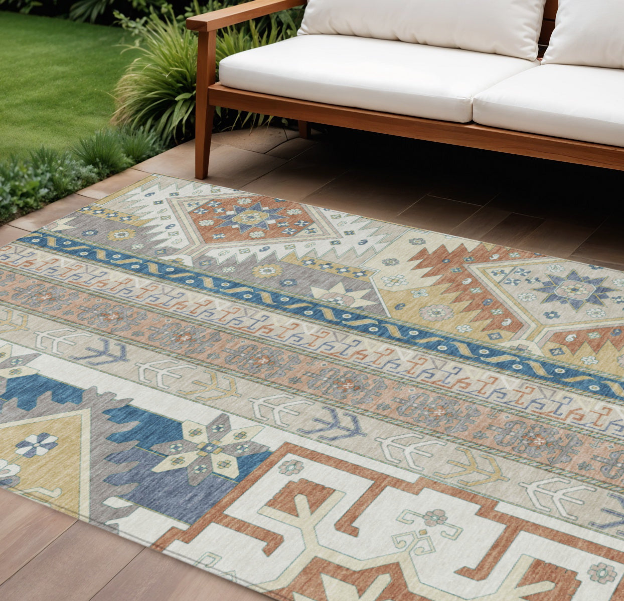 9' X 12' Ivory Blue And Brown Aztec Washable Indoor Outdoor Area Rug