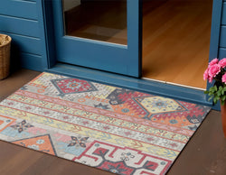 3' X 5' Linen Pink And Yellow Aztec Washable Indoor Outdoor Area Rug