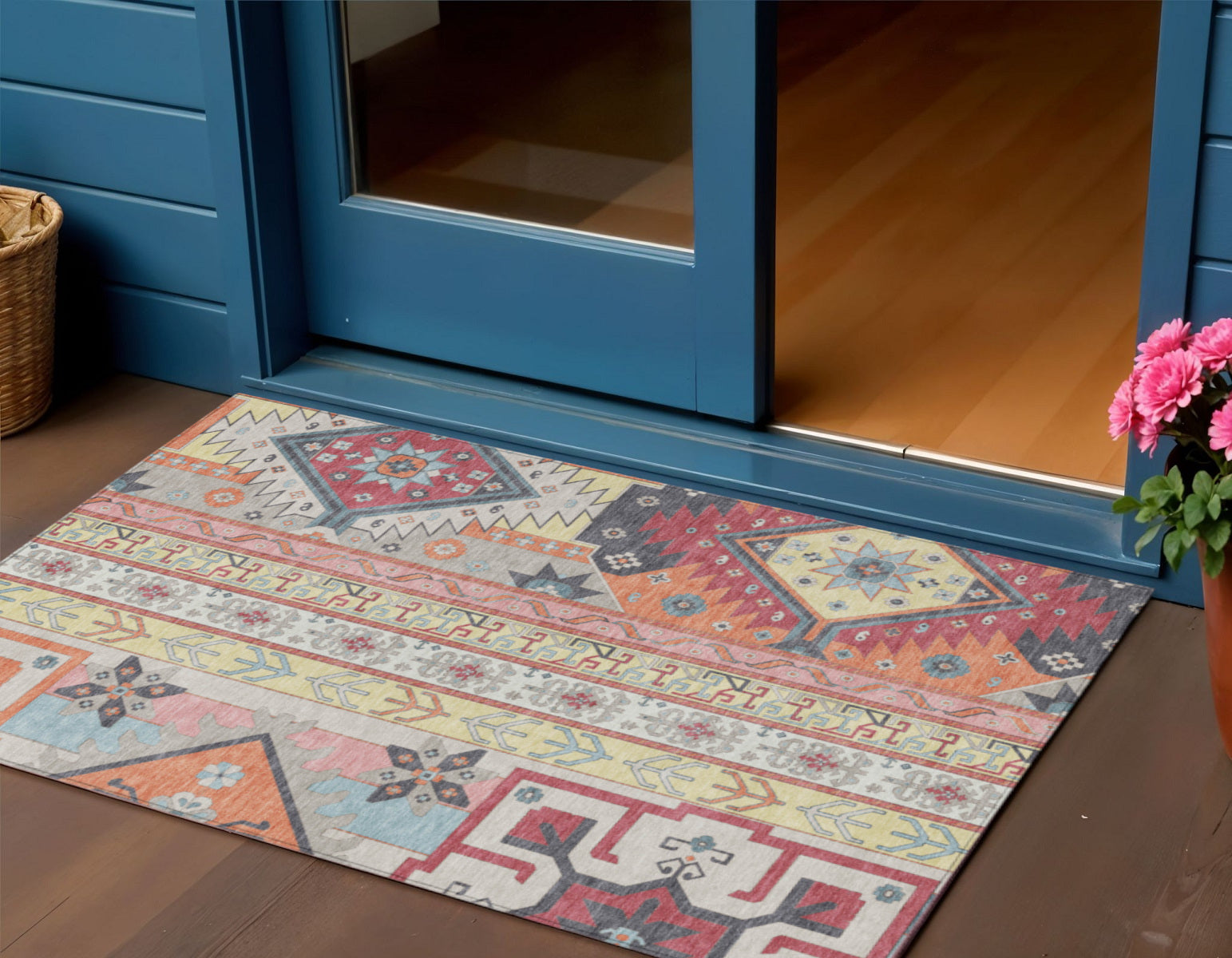 3' X 5' Linen Pink And Yellow Aztec Washable Indoor Outdoor Area Rug