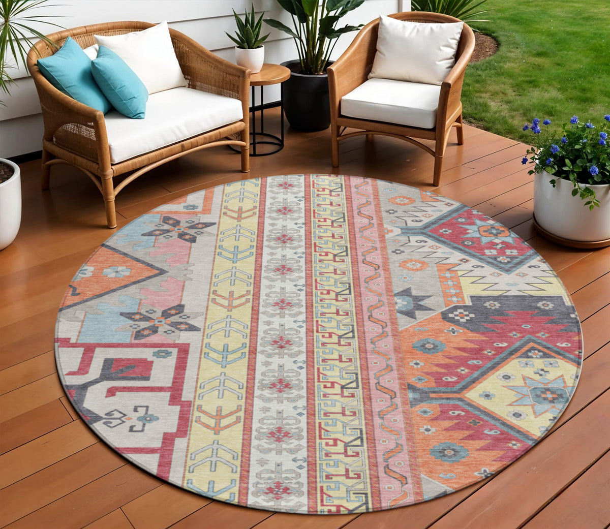 8' Linen Pink And Yellow Round Aztec Washable Indoor Outdoor Area Rug
