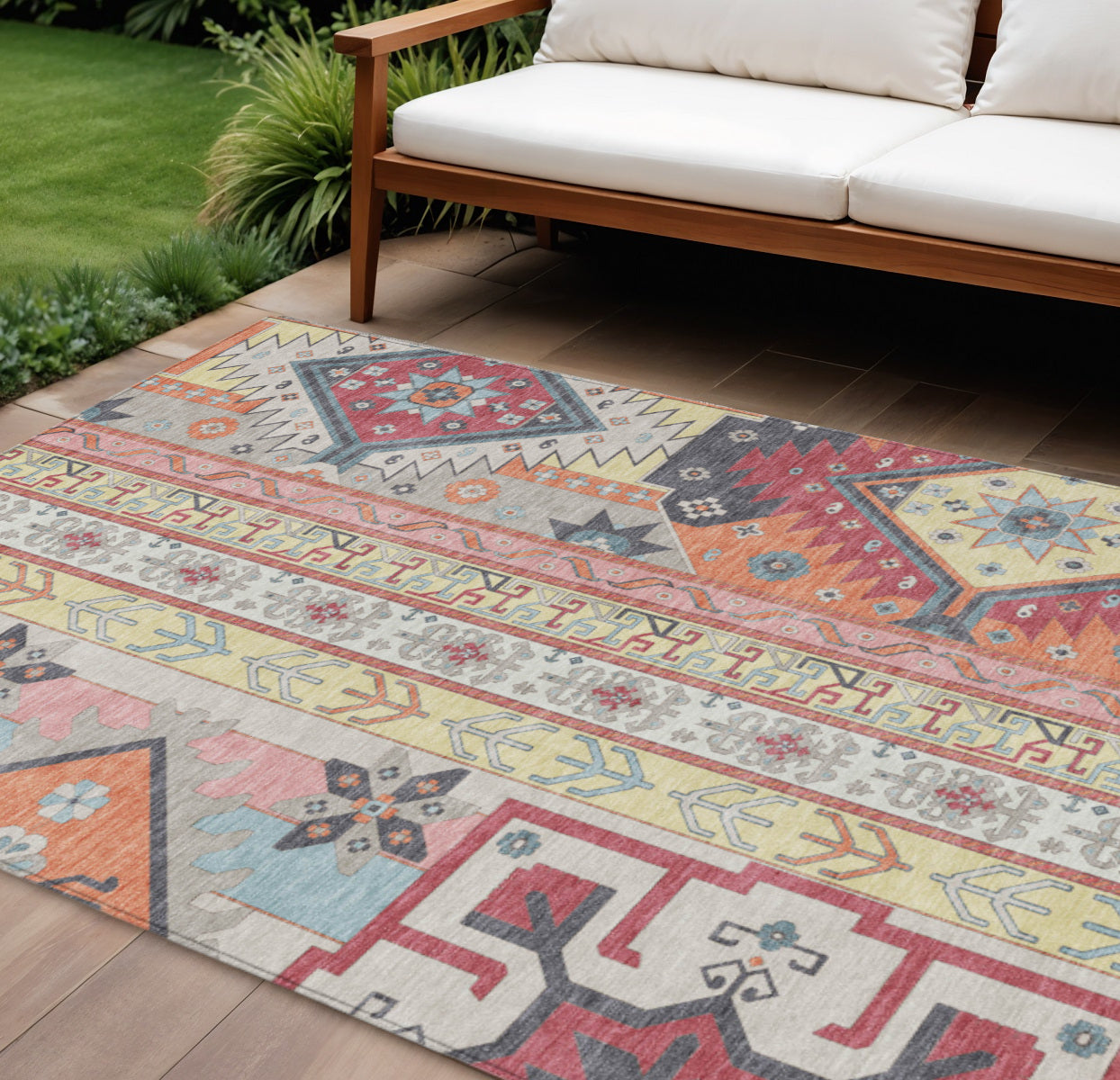 10' X 14' Linen Pink And Yellow Aztec Washable Indoor Outdoor Area Rug