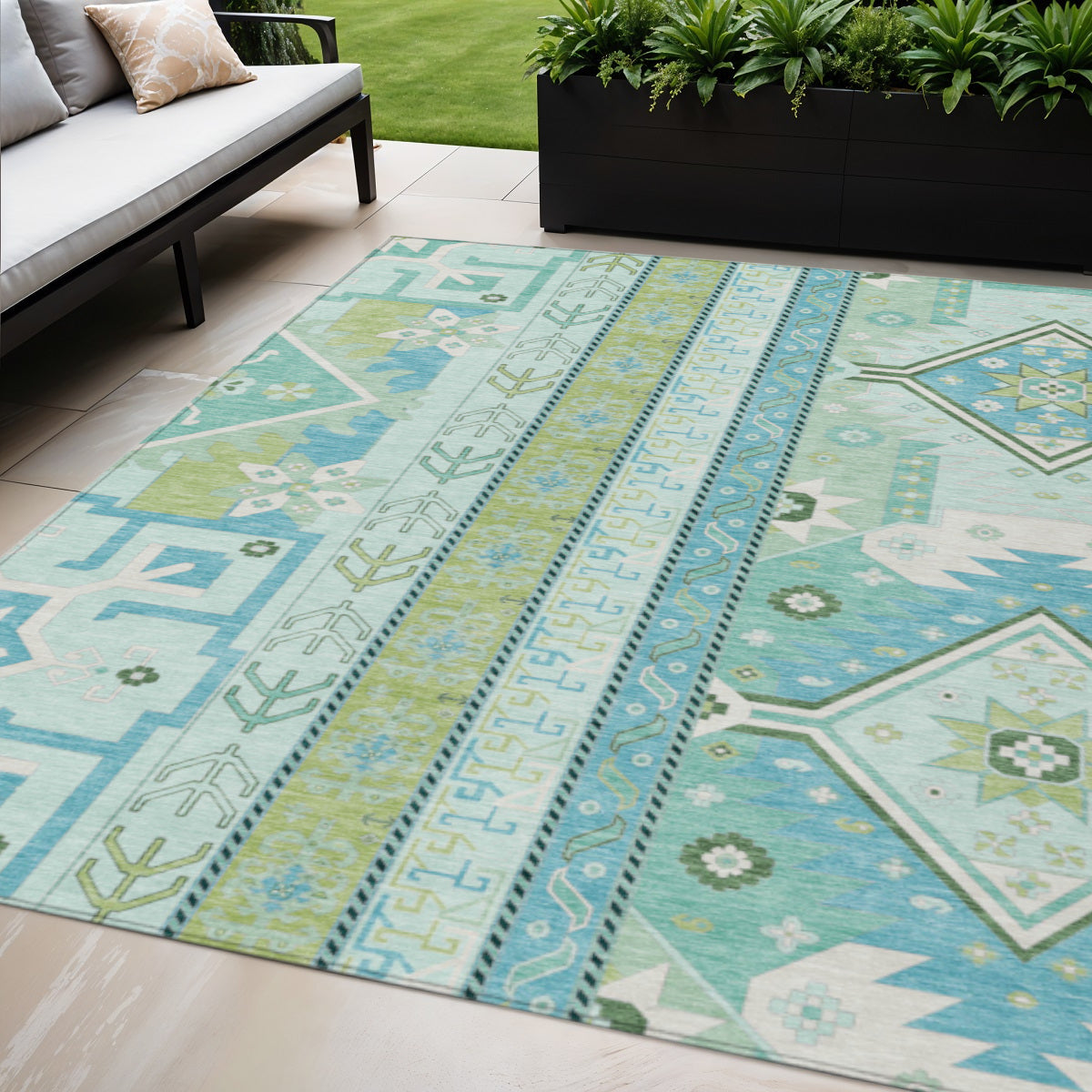 5' X 8' Mint Green Blue And Ivory Aztec Washable Indoor Outdoor Area Rug