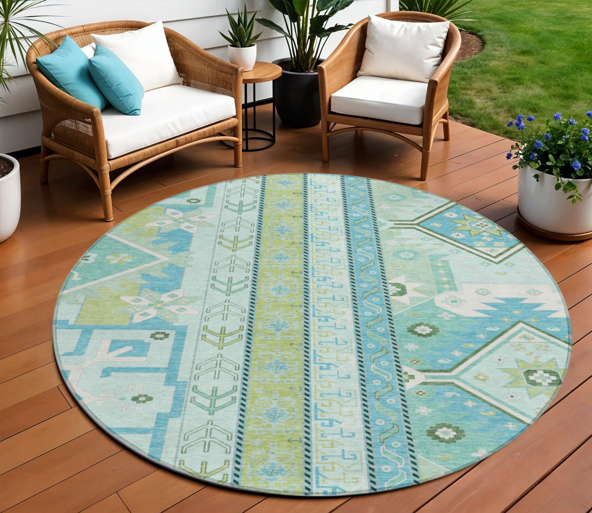 8' Mint Green Blue And Ivory Round Aztec Washable Indoor Outdoor Area Rug