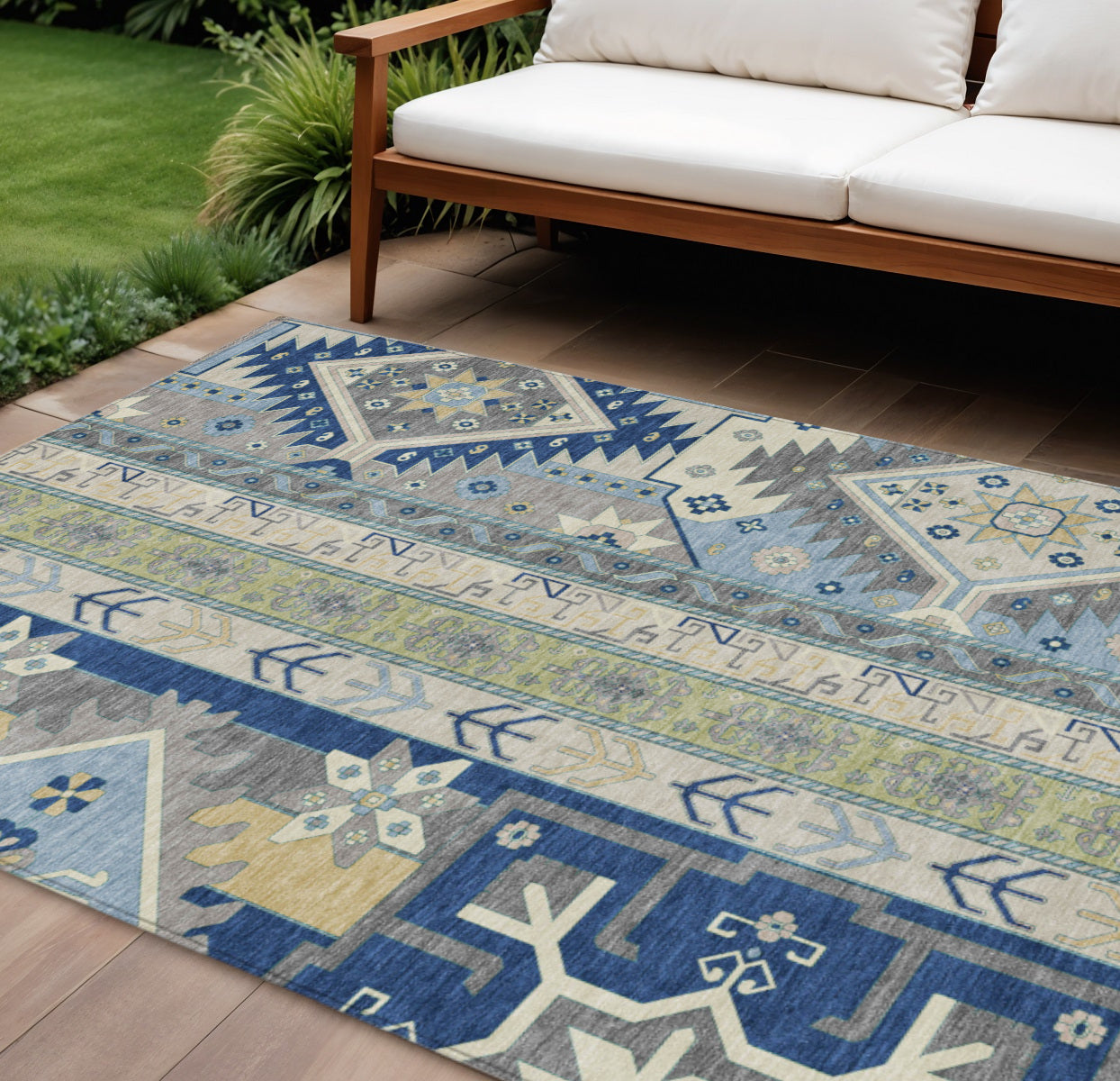 9' X 12' Navy Blue Green And Gray Aztec Washable Indoor Outdoor Area Rug