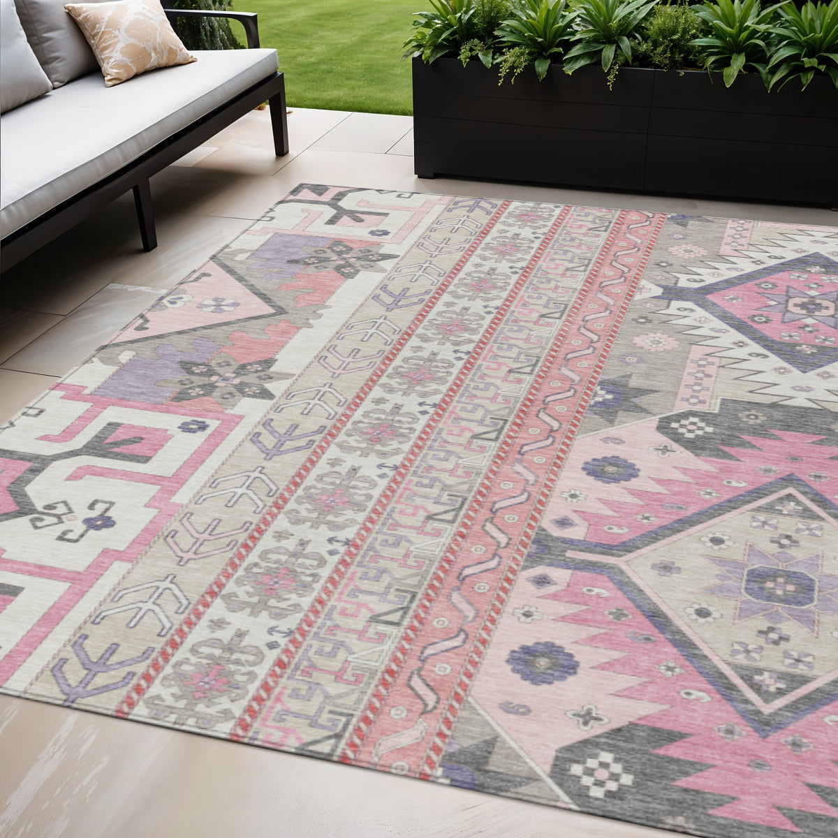 5' X 8' Pink Gray And Ivory Aztec Washable Indoor Outdoor Area Rug