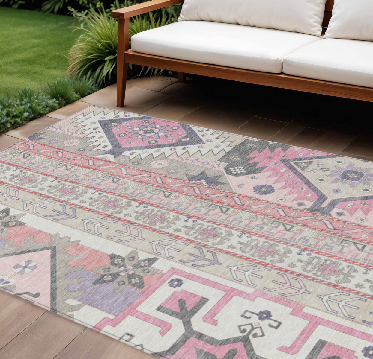9' X 12' Pink Gray And Ivory Aztec Washable Indoor Outdoor Area Rug