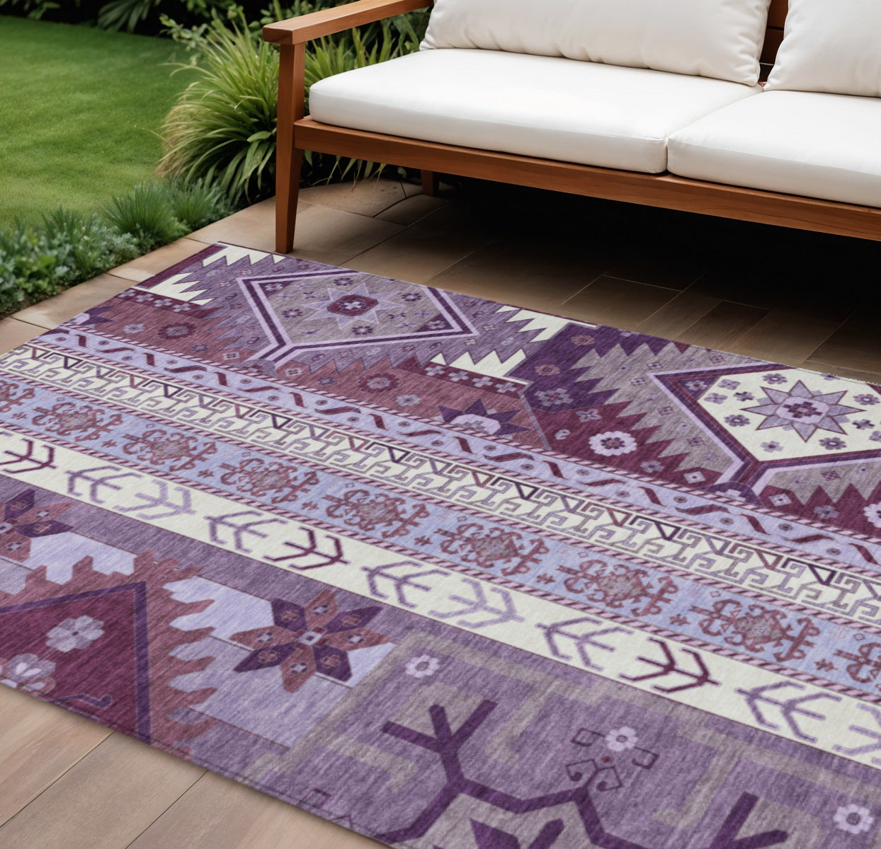 9' X 12' Purple Lavender And Ivory Aztec Washable Indoor Outdoor Area Rug
