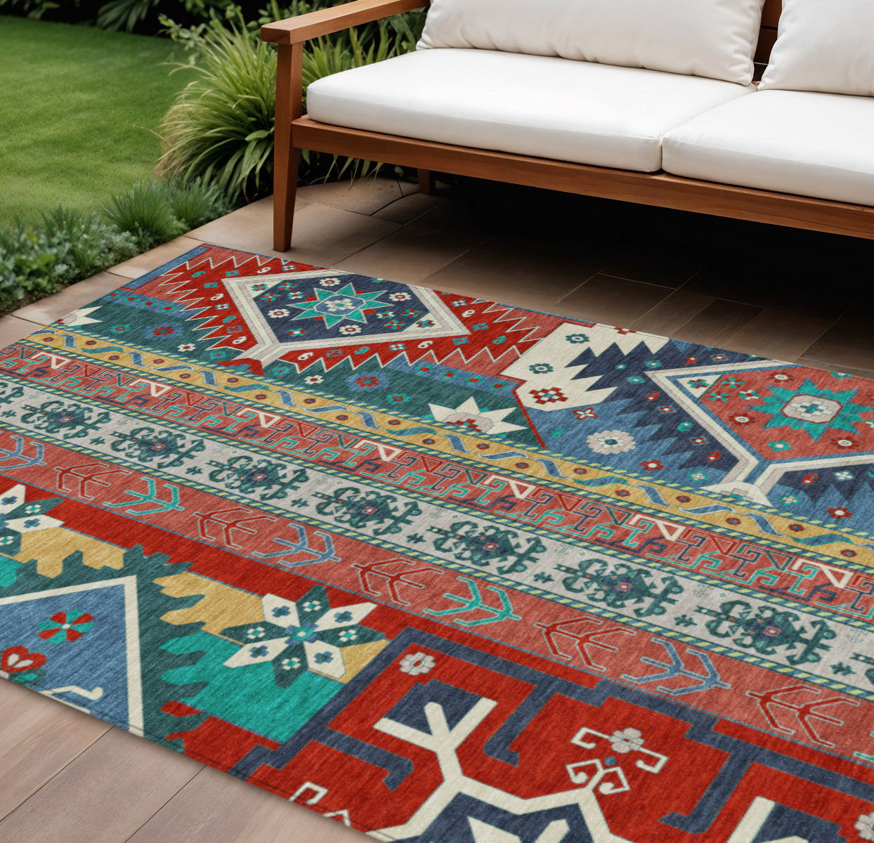 9' X 12' Red Pink And Teal Blue Aztec Washable Indoor Outdoor Area Rug