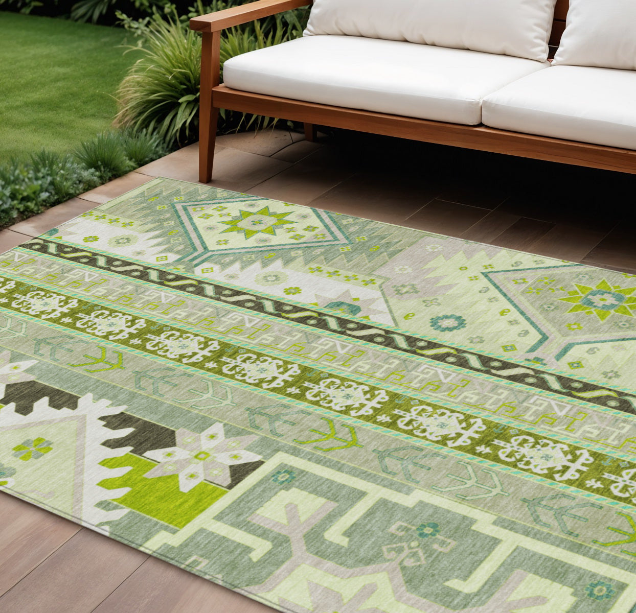 9' X 12' Sage Olive Green And Ivory Aztec Washable Indoor Outdoor Area Rug