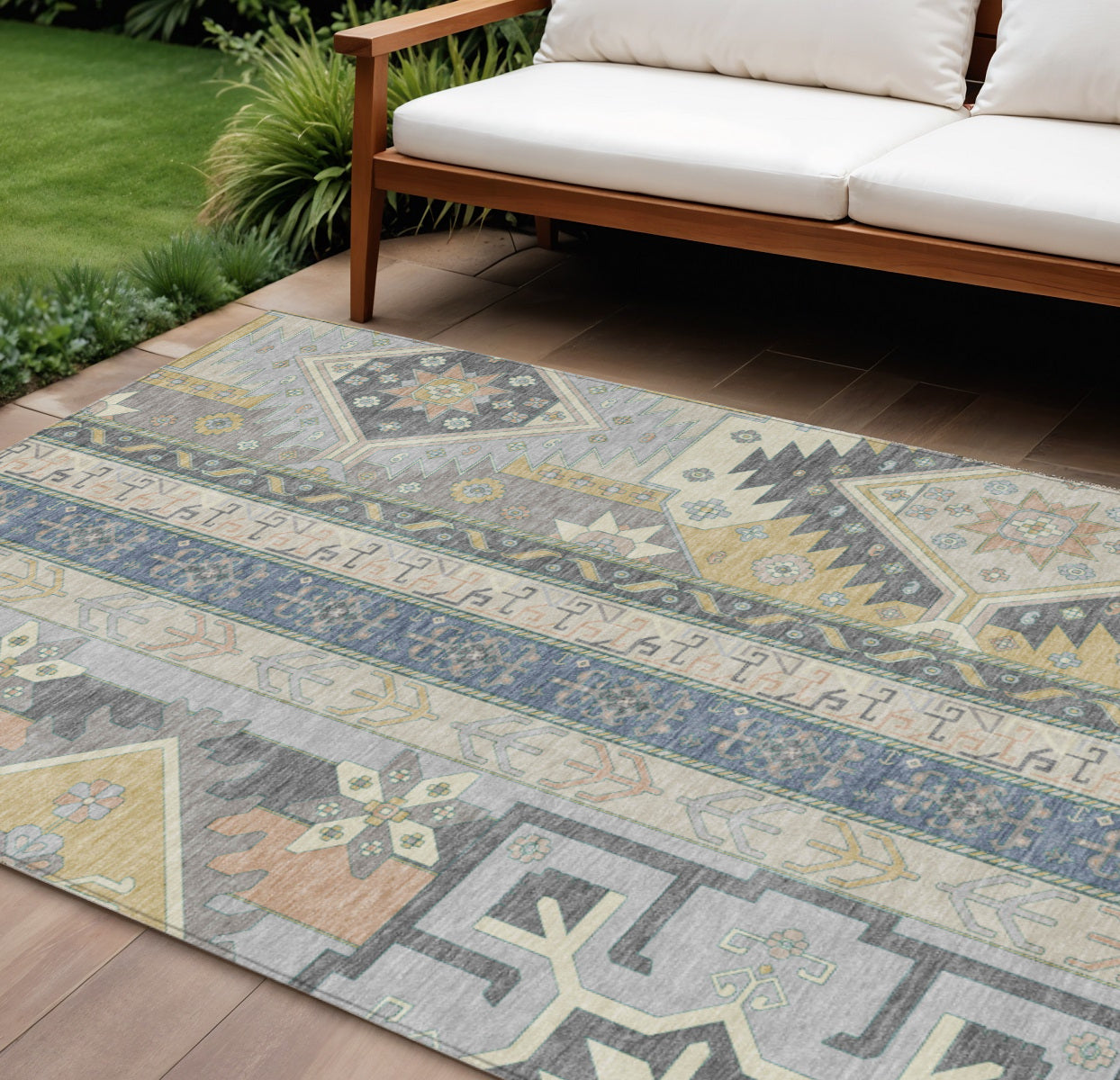 9' X 12' Silver Beige And Gold Aztec Washable Indoor Outdoor Area Rug