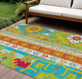 9' X 12' Teal Blue Green And Pink Aztec Washable Indoor Outdoor Area Rug