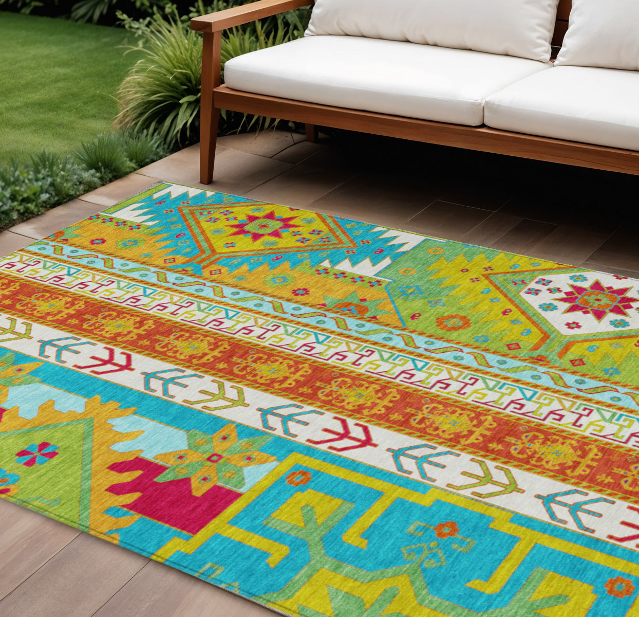10' X 14' Teal Blue Green And Pink Aztec Washable Indoor Outdoor Area Rug