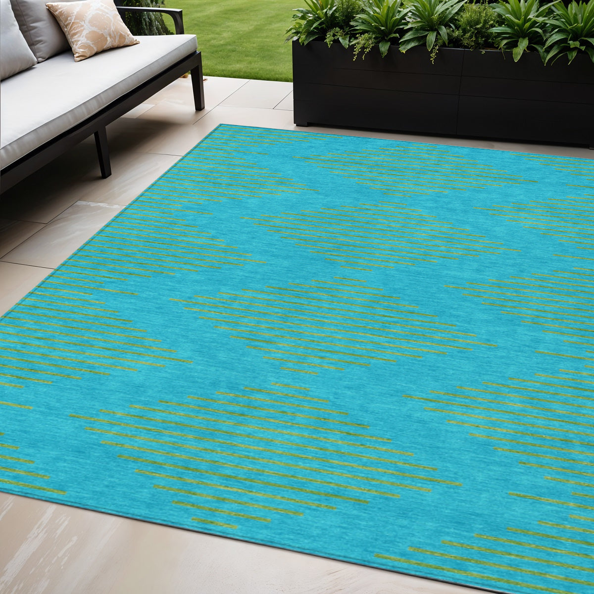 5' X 8' Aqua And Green Geometric Washable Indoor Outdoor Area Rug