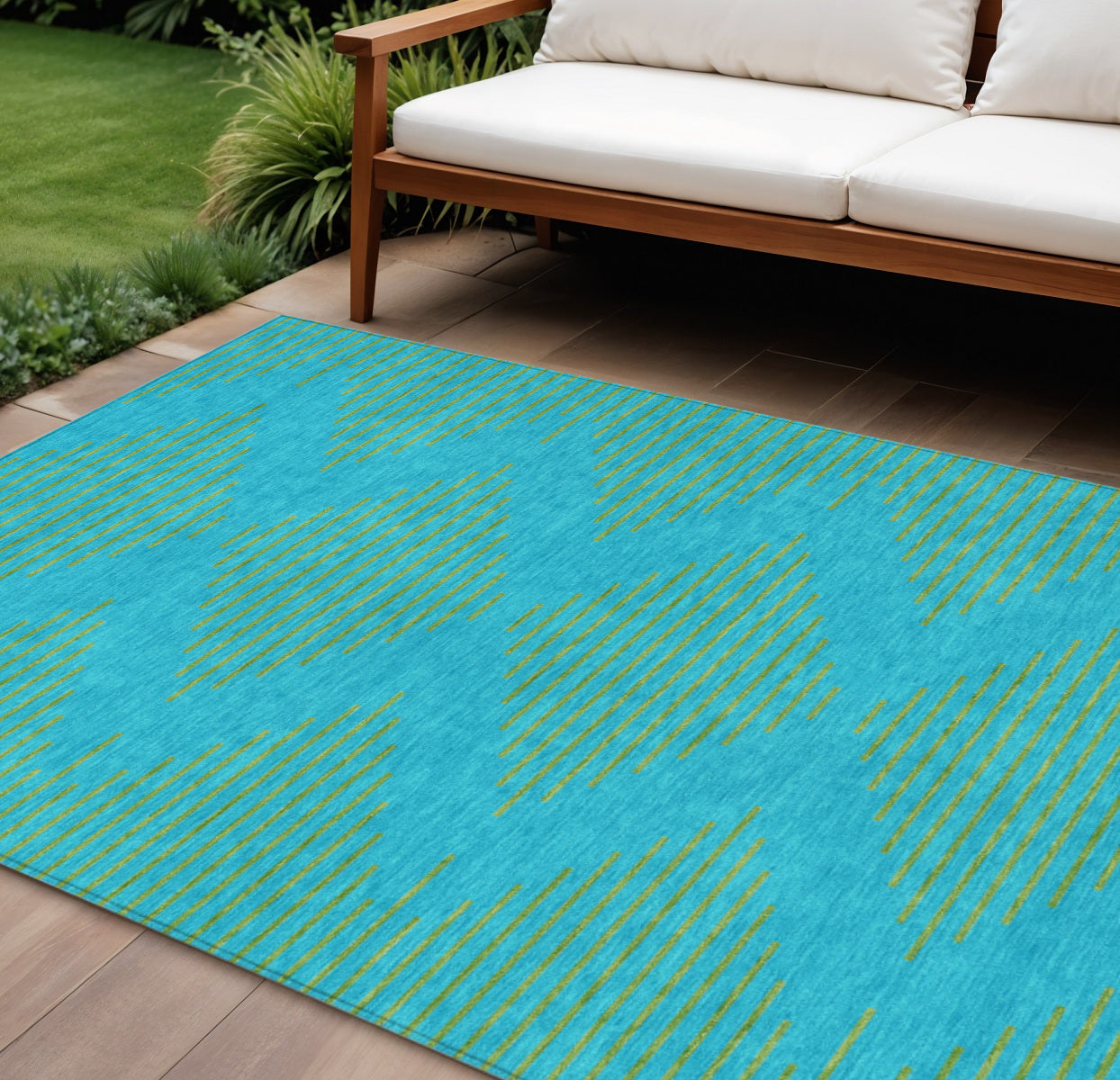 10' X 14' Aqua And Green Geometric Washable Indoor Outdoor Area Rug