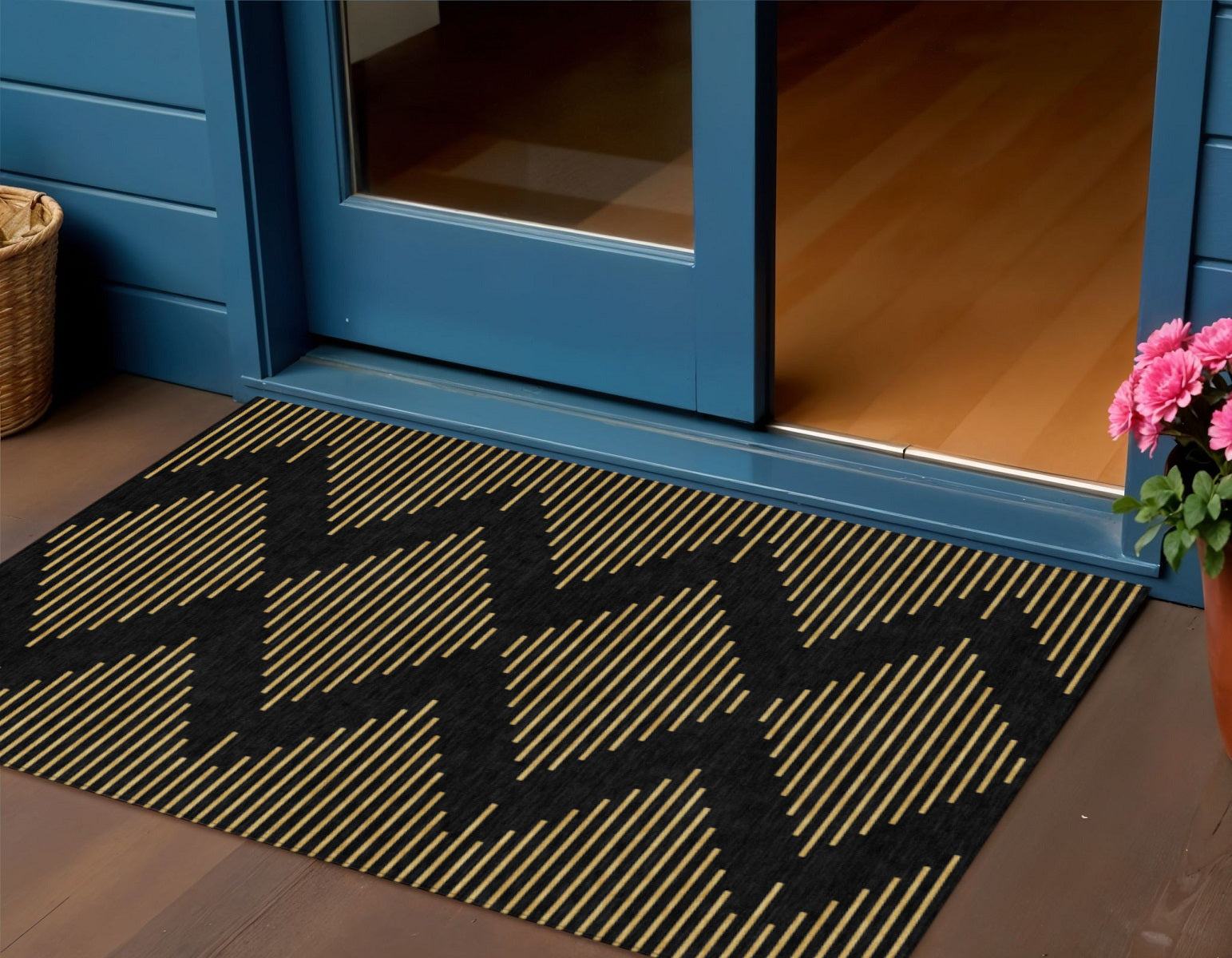 3' X 5' Black And Beige Geometric Washable Indoor Outdoor Area Rug