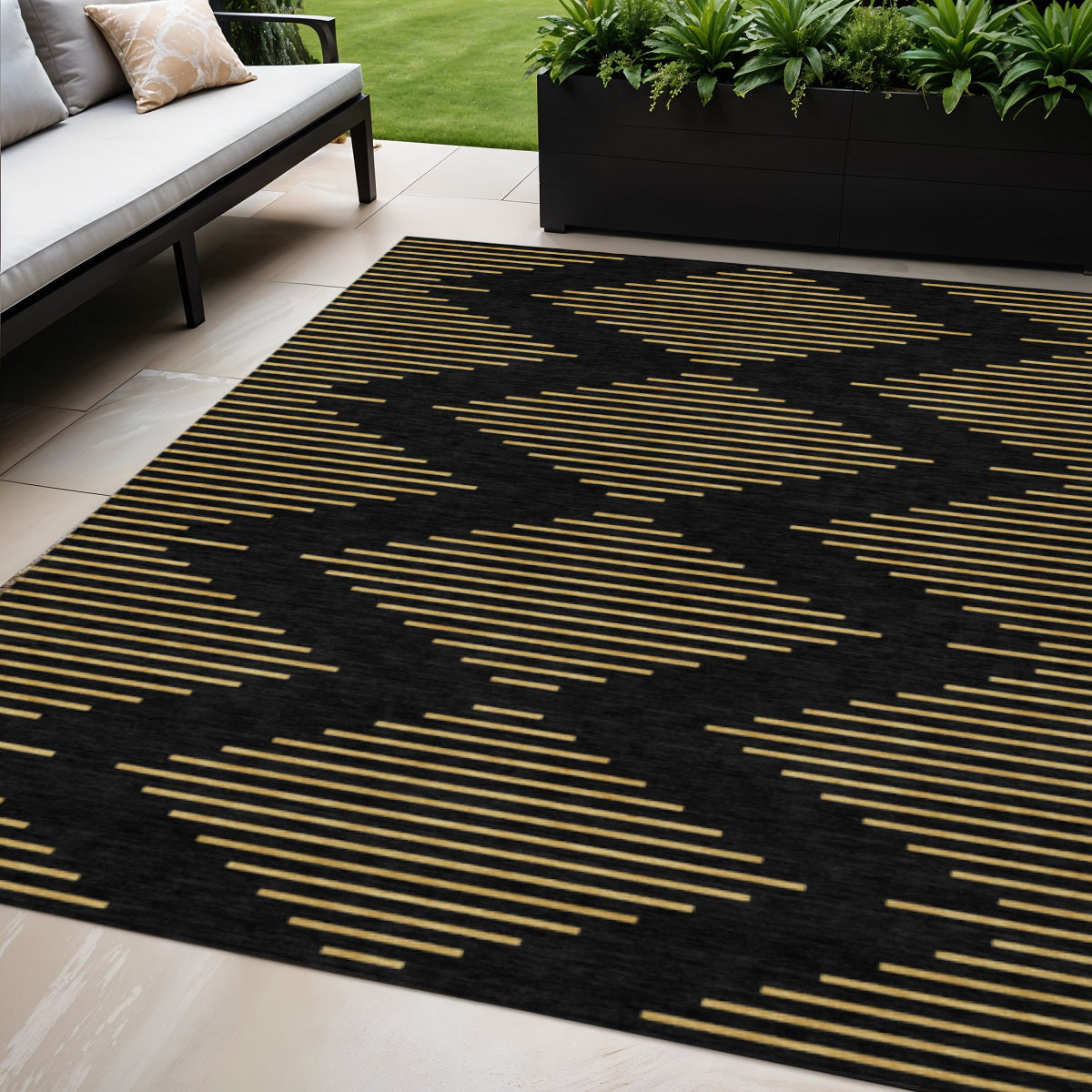 5' X 8' Black And Beige Geometric Washable Indoor Outdoor Area Rug