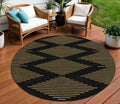 8' Black And Beige Round Geometric Washable Indoor Outdoor Area Rug