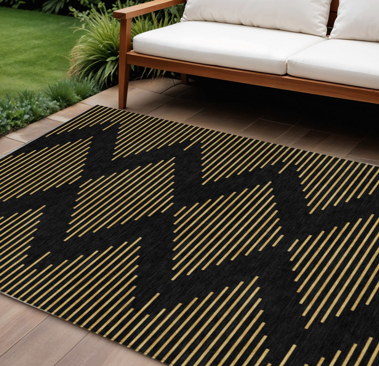 10' X 14' Black And Beige Geometric Washable Indoor Outdoor Area Rug