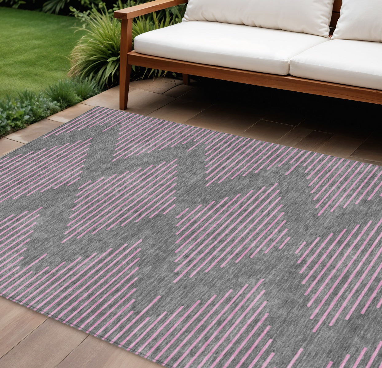9' X 12' Gray And Pink Geometric Washable Indoor Outdoor Area Rug