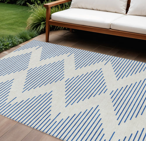10' X 14' Ivory And Blue Geometric Washable Indoor Outdoor Area Rug