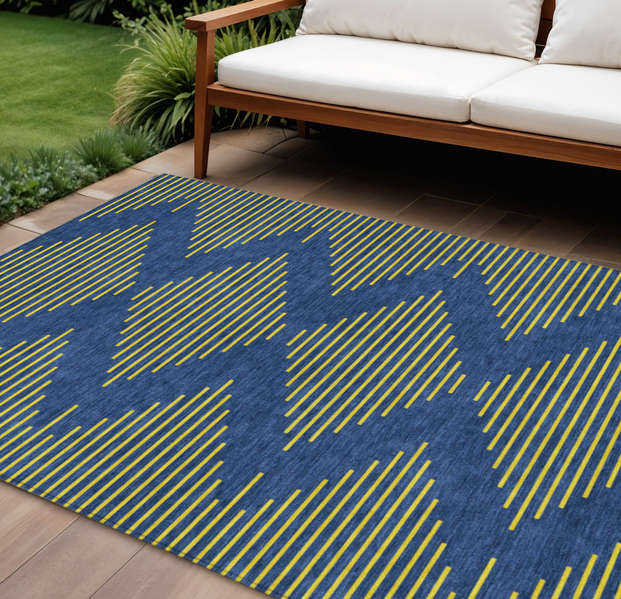 9' X 12' Navy Blue And Yellow Geometric Washable Indoor Outdoor Area Rug