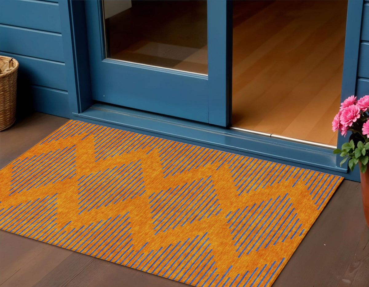 3' X 5' Orange And Blue Geometric Washable Indoor Outdoor Area Rug