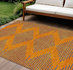 10' X 14' Orange And Blue Geometric Washable Indoor Outdoor Area Rug