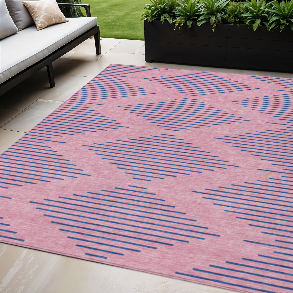 5' X 8' Pink And Blue Geometric Washable Indoor Outdoor Area Rug