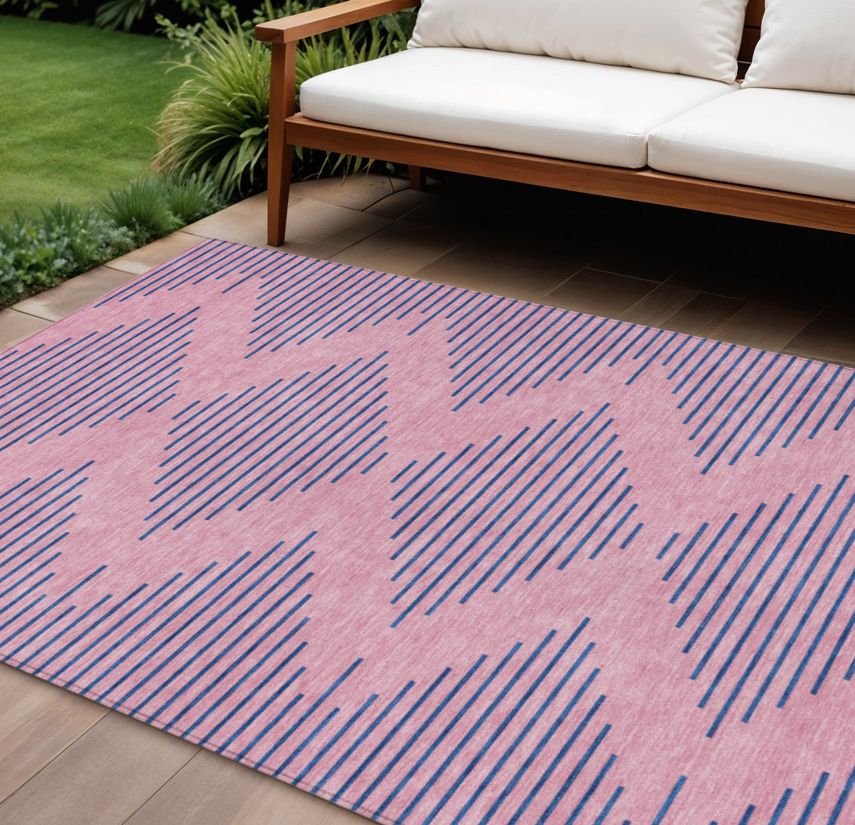 9' X 12' Pink And Blue Geometric Washable Indoor Outdoor Area Rug