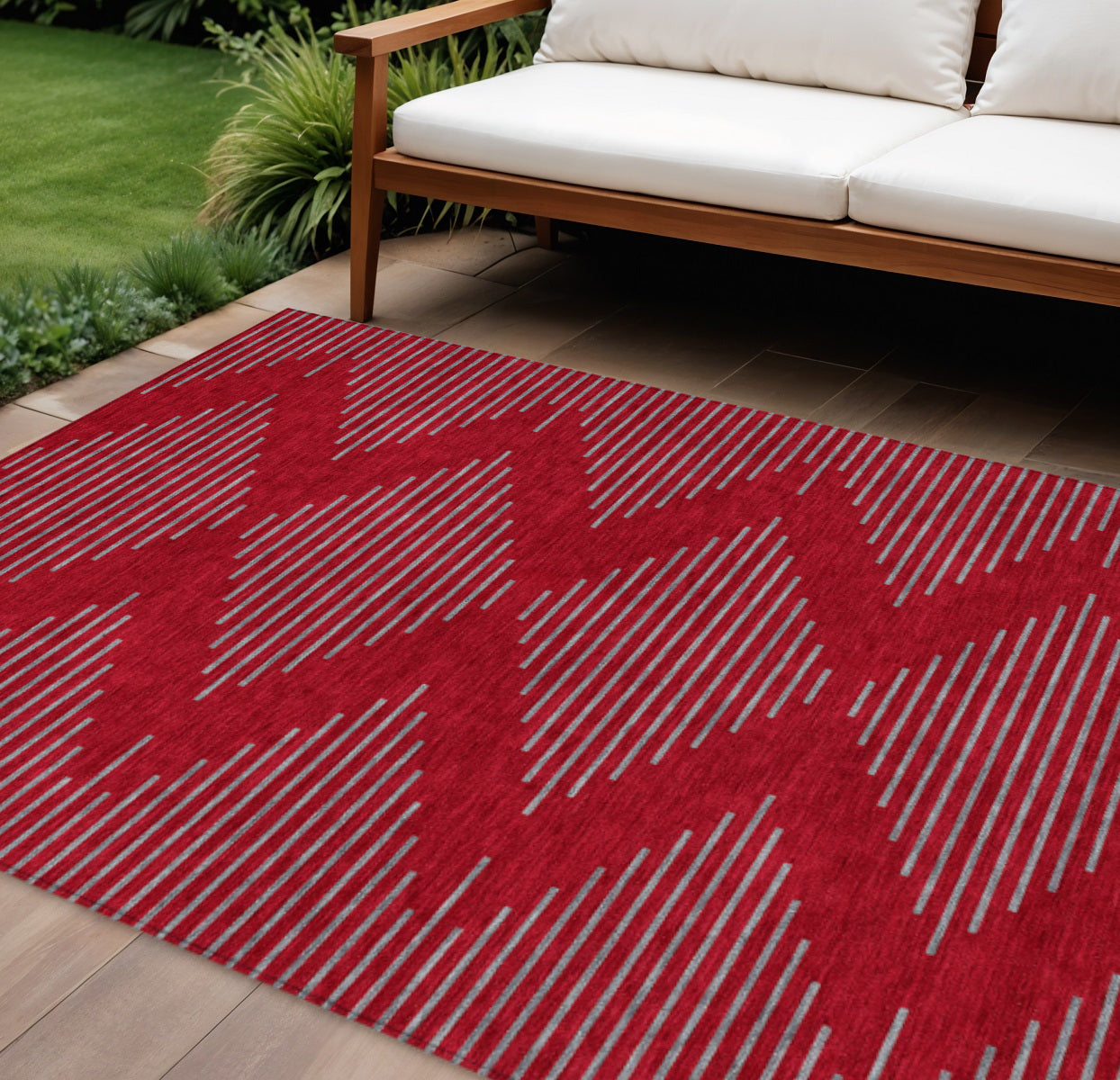 9' X 12' Red And Gray Geometric Washable Indoor Outdoor Area Rug