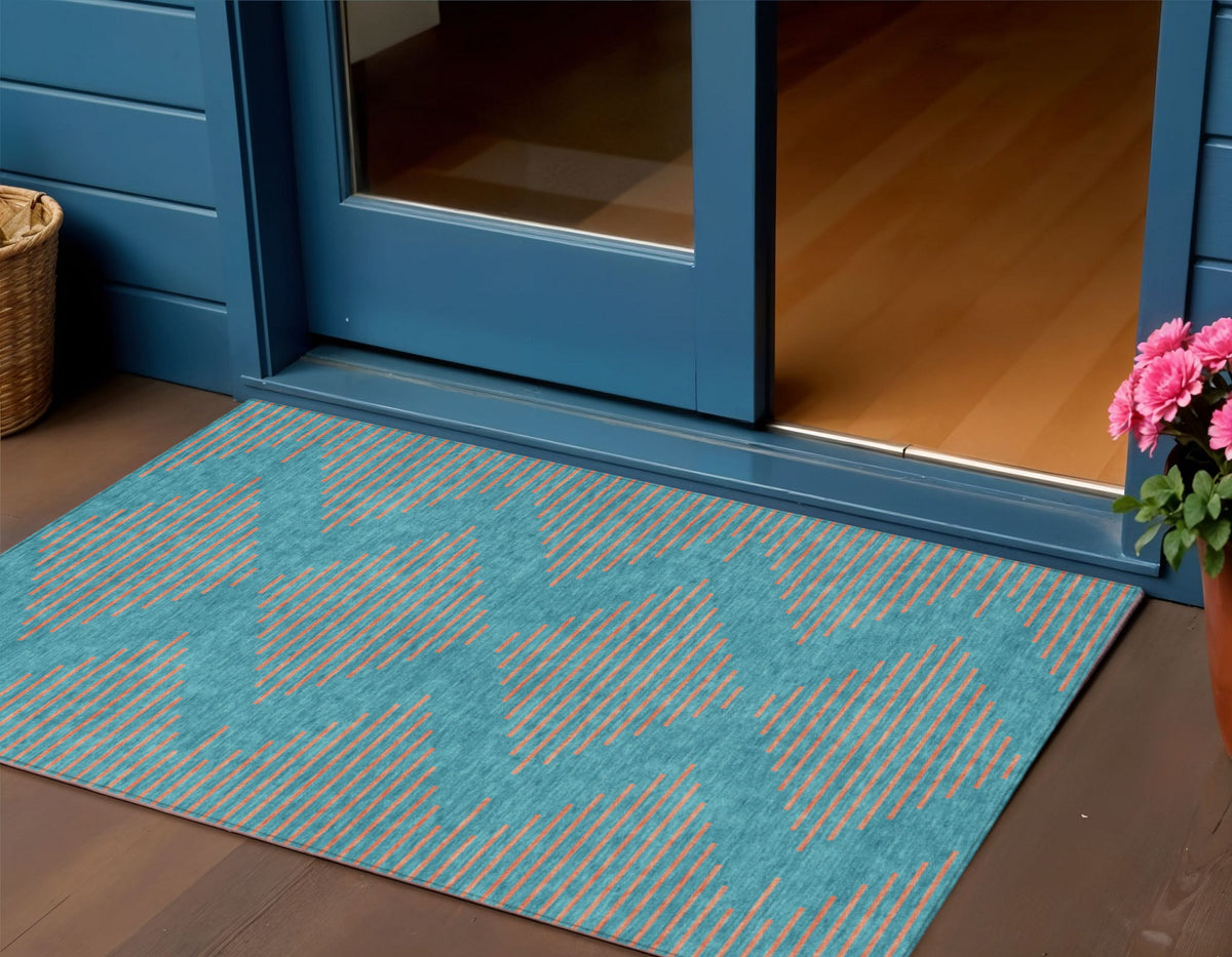 3' X 5' Teal Blue And Pink Geometric Washable Indoor Outdoor Area Rug
