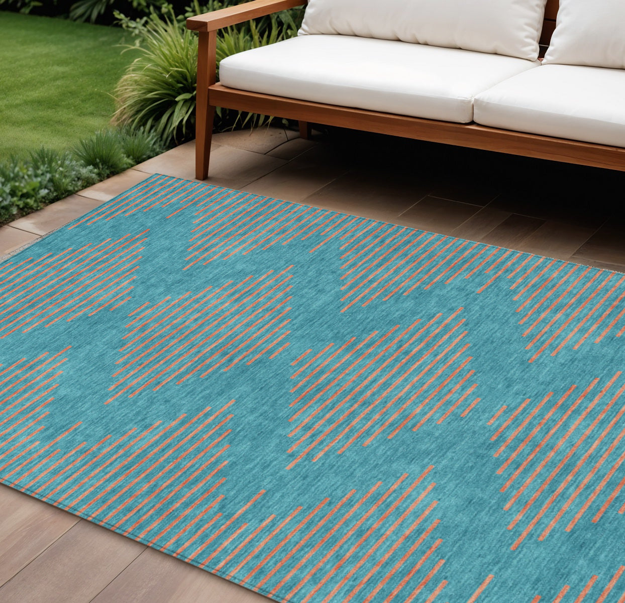 9' X 12' Teal Blue And Pink Geometric Washable Indoor Outdoor Area Rug
