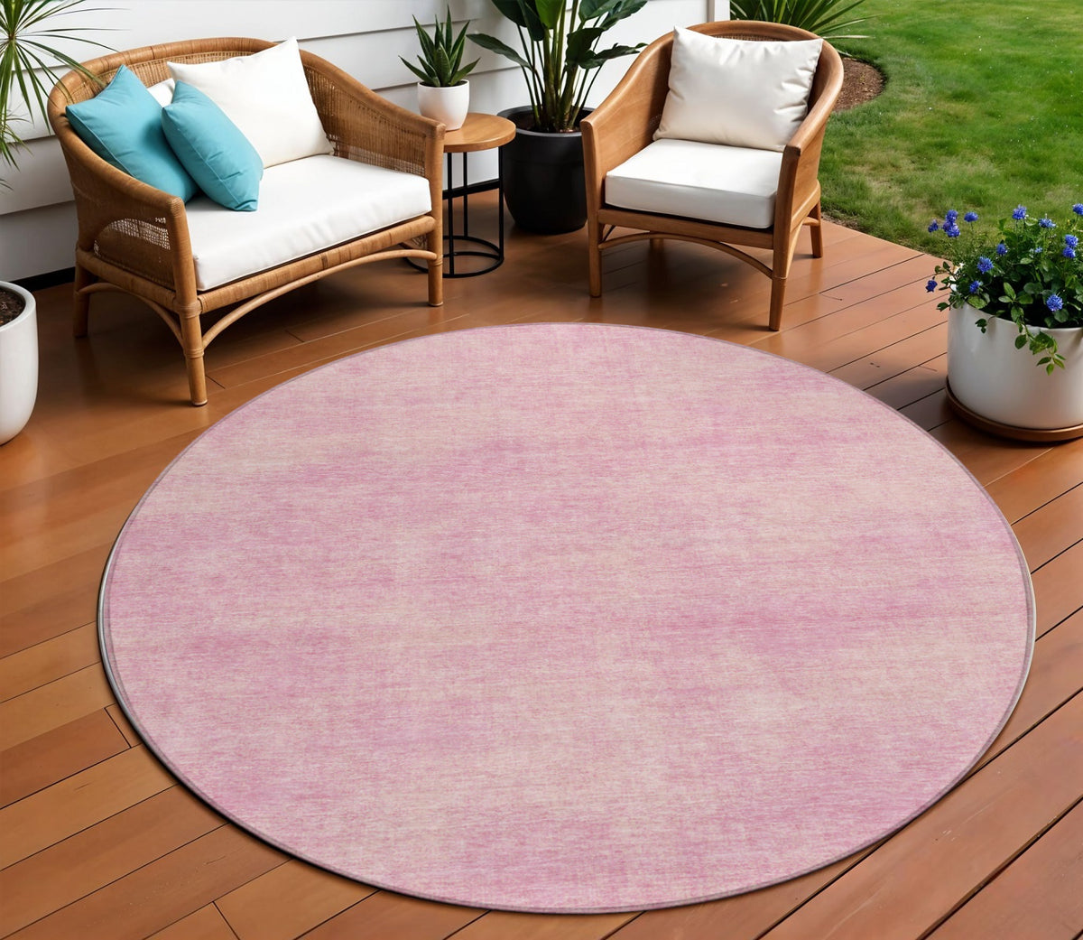 8' Pink Round Washable Indoor Outdoor Area Rug