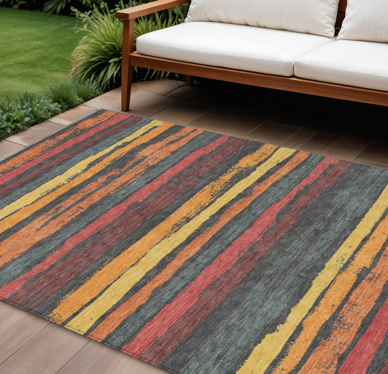 9' X 12' Granite Gray Copper And Yellow Striped Washable Indoor Outdoor Area Rug