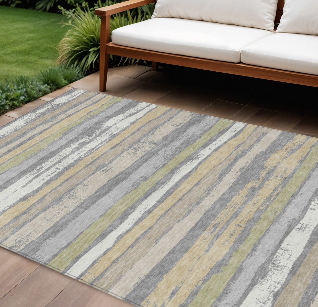 9' X 12' Gray Ivory And Green Striped Washable Indoor Outdoor Area Rug