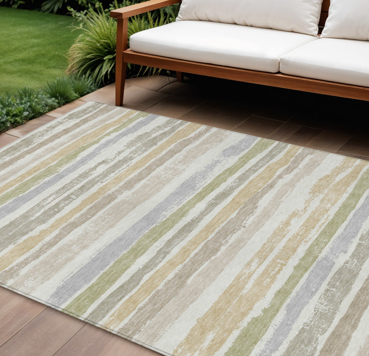 10' X 14' Ivory Beige And Green Striped Washable Indoor Outdoor Area Rug