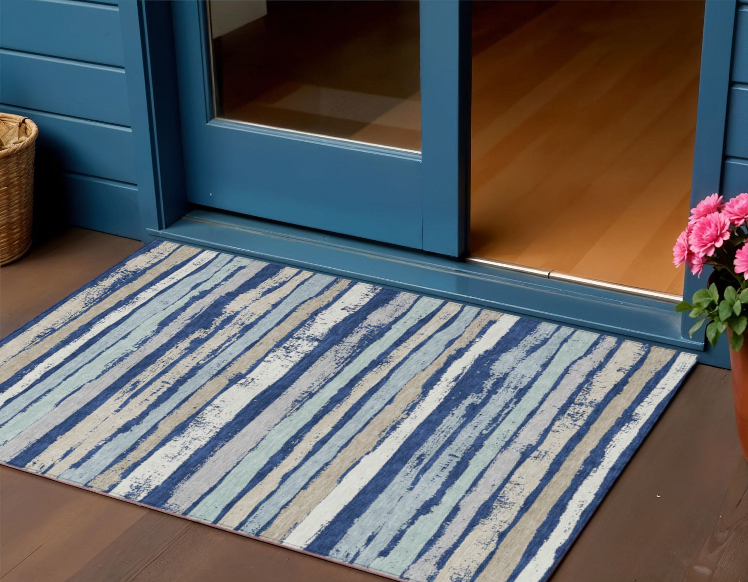 3' X 5' Navy Blue Beige And Ivory Striped Washable Indoor Outdoor Area Rug