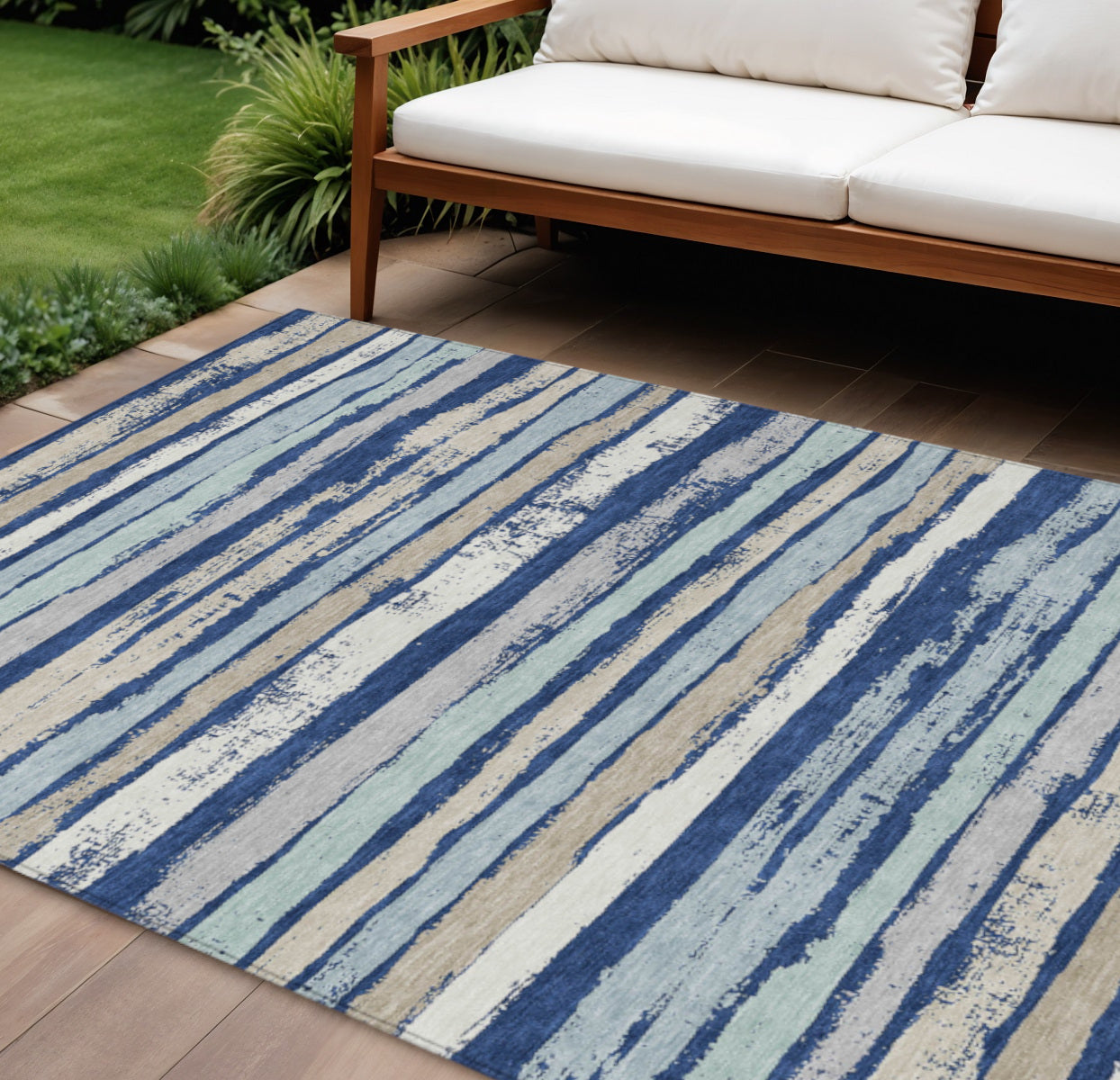 9' X 12' Navy Blue Beige And Ivory Striped Washable Indoor Outdoor Area Rug