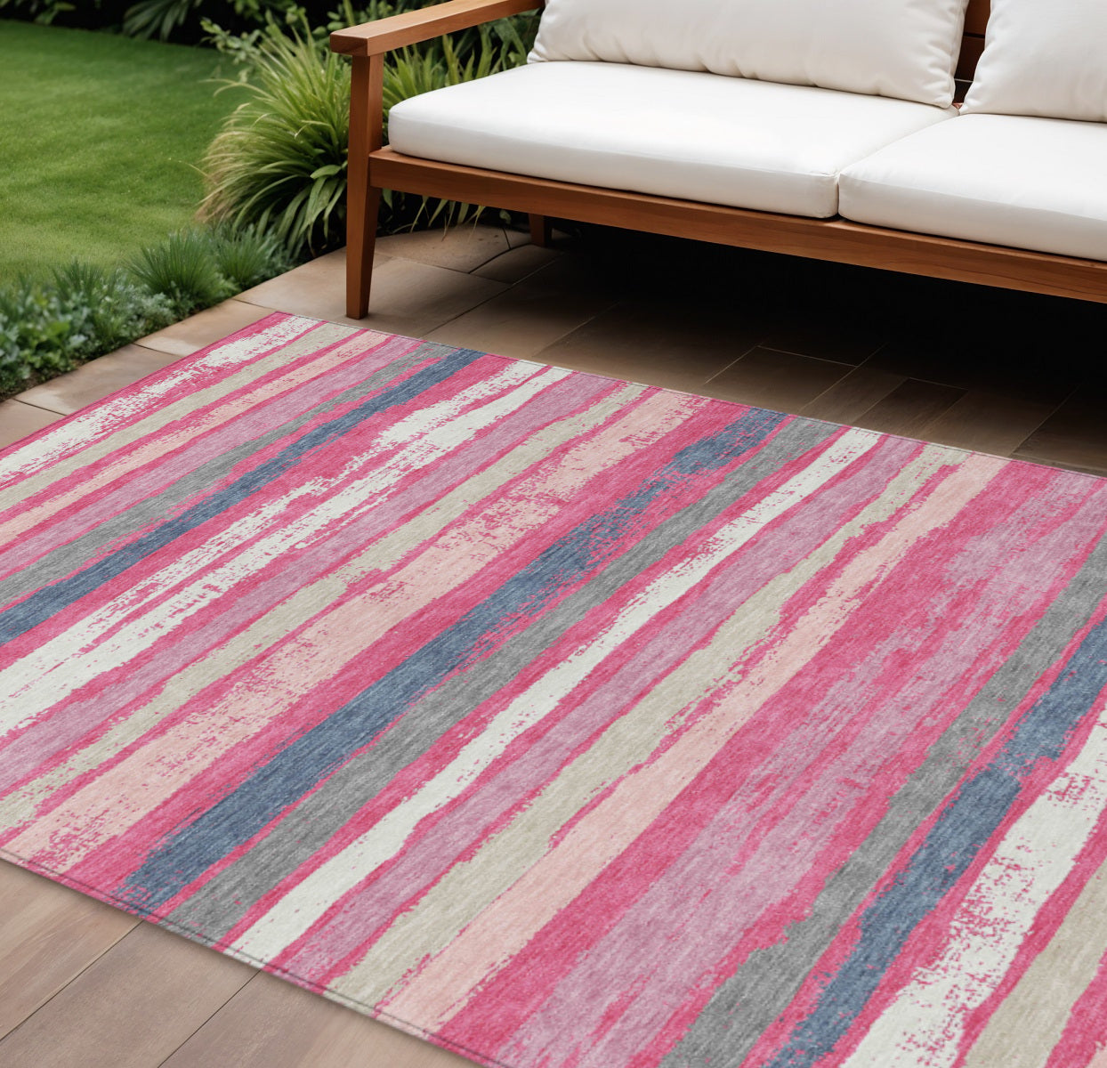 9' X 12' Pink Gray And Green Striped Washable Indoor Outdoor Area Rug